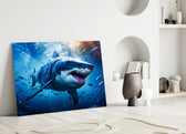 Documentary shark cinematic glass wall art in tasteful boys' bedroom