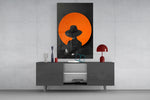 Wide-brim hat cinematic glass wall art in glamorous powder-room
