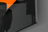 Tangerine sun-disc cinematic glass wall art in film-screening room