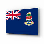 Cayman Islands flag cinematic glass wall art over walnut console in Caymanian-heritage home
