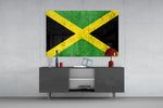 Emerald-and-onyx flag cinematic glass wall art in private library