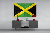 Emerald-and-onyx flag cinematic glass wall art in private library
