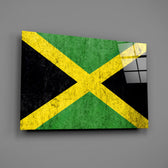 Reggae-patriotic cinematic glass wall art in reggae-bar lounge