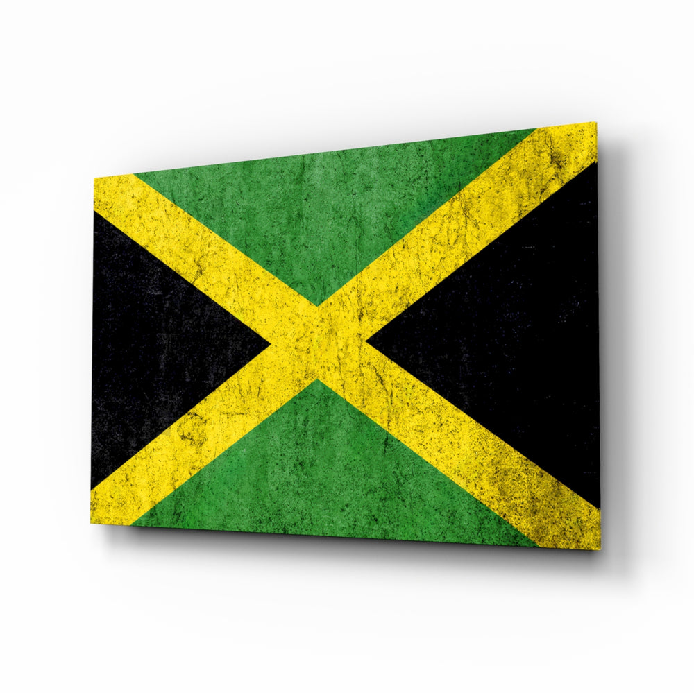 Jamaica grunge flag cinematic glass wall art over walnut console in heritage home