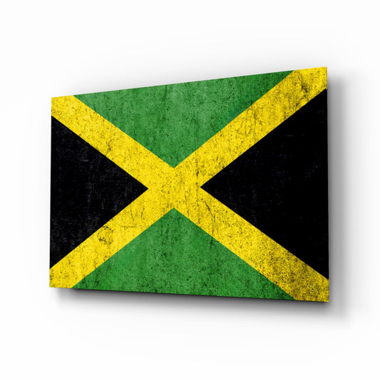 Jamaica grunge flag cinematic glass wall art over walnut console in heritage home