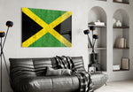 Jamaican flag cinematic glass wall art in tropical-themed family room