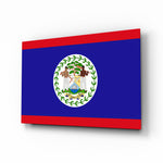 Belize flag cinematic glass wall art over walnut console in Belizean-heritage home
