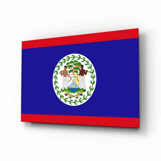Belize flag cinematic glass wall art over walnut console in Belizean-heritage home