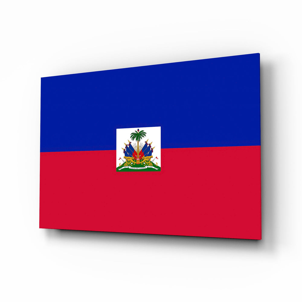 Haiti flag cinematic glass wall art over walnut console in Haitian-heritage home