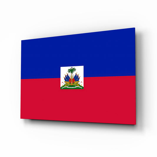 Haiti flag cinematic glass wall art over walnut console in Haitian-heritage home