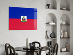 Royal-palm coat-of-arms cinematic glass wall art over modern dining sideboard