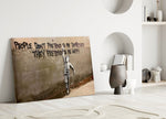 Drip-typography cinematic glass wall art in heritage stairwell