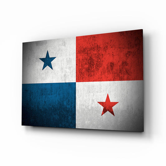 Panama grunge flag cinematic glass wall art over walnut console in heritage home
