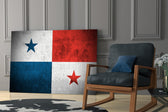 Plaster-grunge flag cinematic glass wall art in boutique cafe
