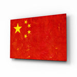 China grunge flag cinematic glass wall art over walnut console in heritage home