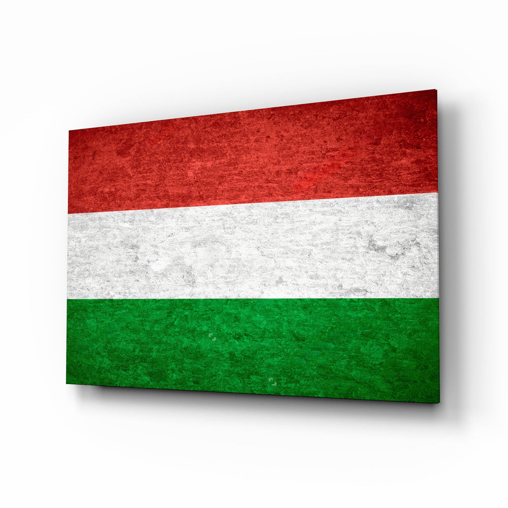 Hungary grunge flag cinematic glass wall art over walnut console in heritage home