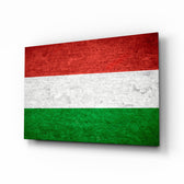 Hungary grunge flag cinematic glass wall art over walnut console in heritage home