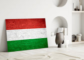 Weathered-flag cinematic glass wall art in heritage stairwell