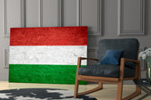 Plaster-grunge flag cinematic glass wall art in boutique cafe