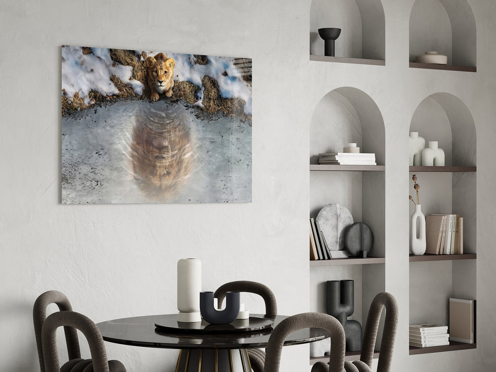Self-becoming cinematic glass wall art over modern dining sideboard
