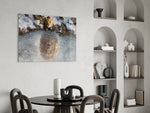 Self-becoming cinematic glass wall art over modern dining sideboard