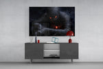 Cosmic vigilante cinematic glass wall art over modern dining sideboard