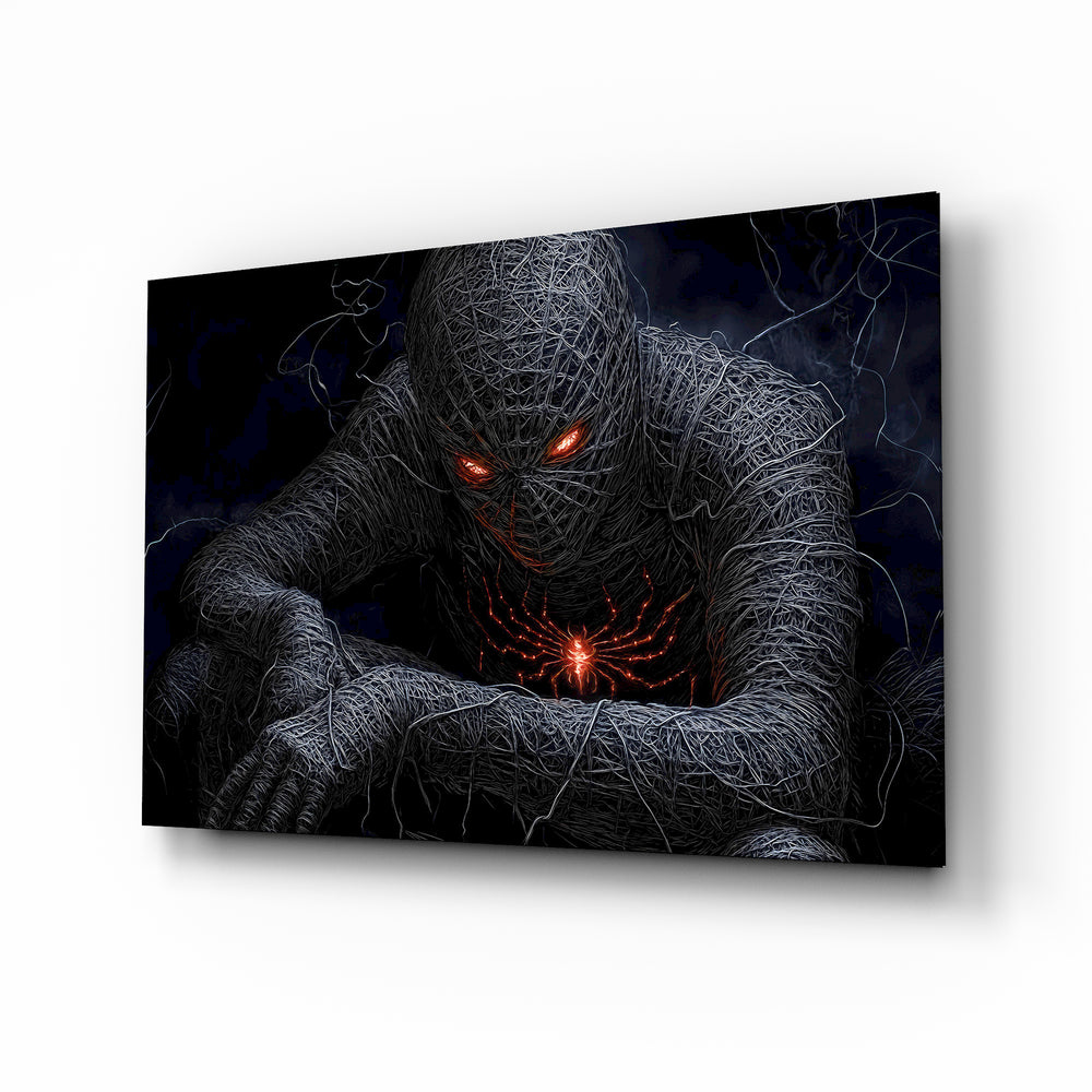 Wireframe Spider-Man cinematic glass wall art over walnut console in designer entertainment den