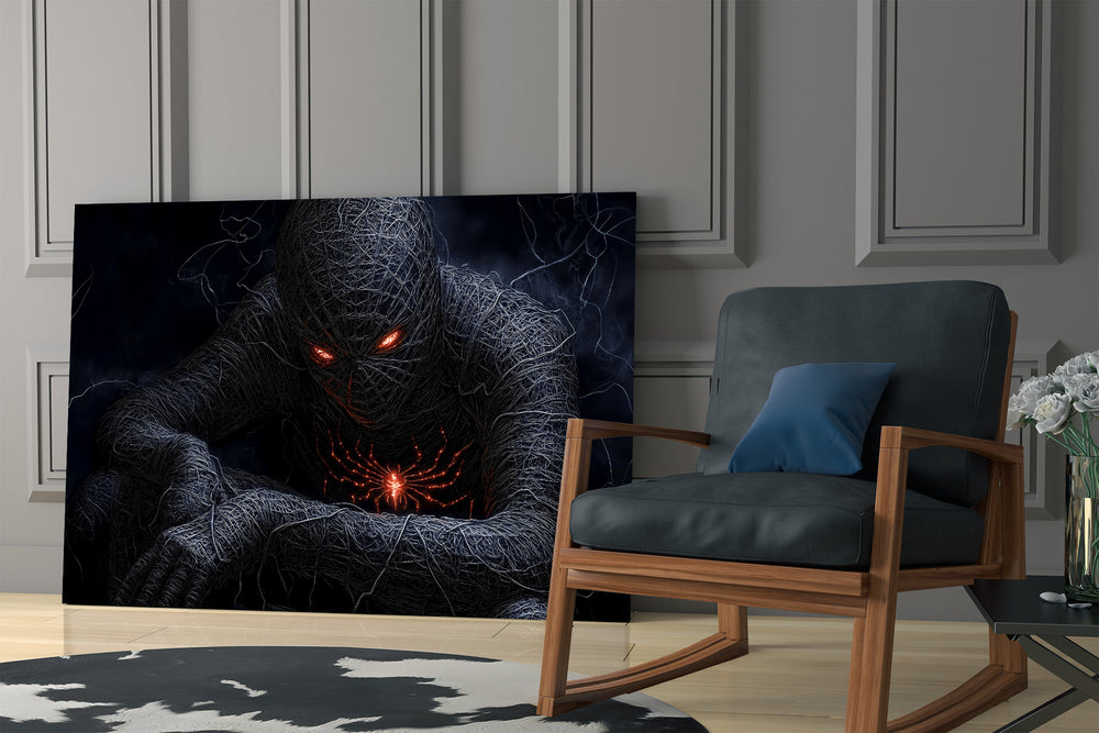 Thread-art Spider-Man cinematic glass wall art in private library reading nook