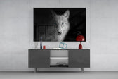 Lone-hunter cinematic glass wall art in boutique-hotel lounge