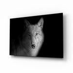 Blue-eyed wolf cinematic glass wall art over walnut console in designer office