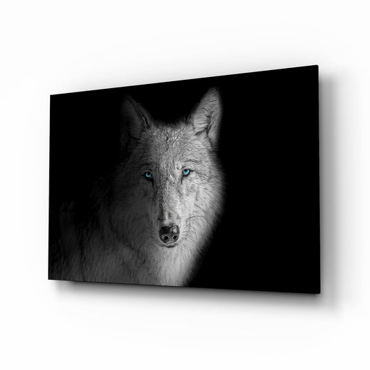 Blue-eyed wolf cinematic glass wall art over walnut console in designer office