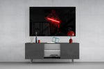 Crimson-saber cellist cinematic glass wall art in masculine-luxe study