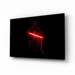 Darth Vader cellist cinematic glass wall art over walnut console in designer entertainment den