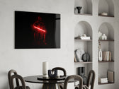 Sci-fi pop humor cinematic glass wall art over modern game-room console