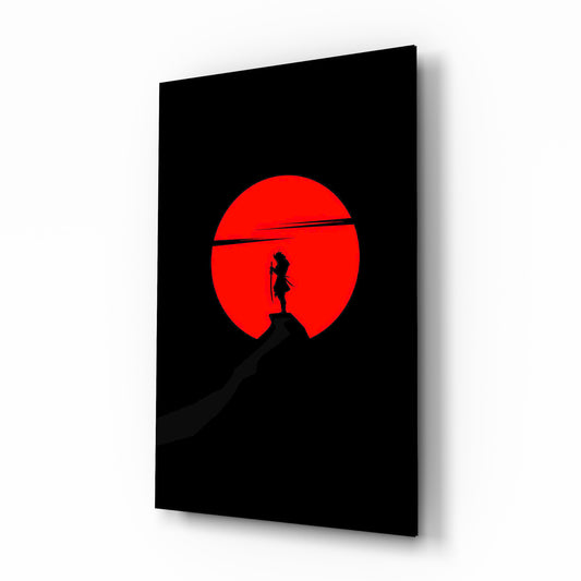 Samurai rising-sun cinematic glass wall art over walnut console in designer entry