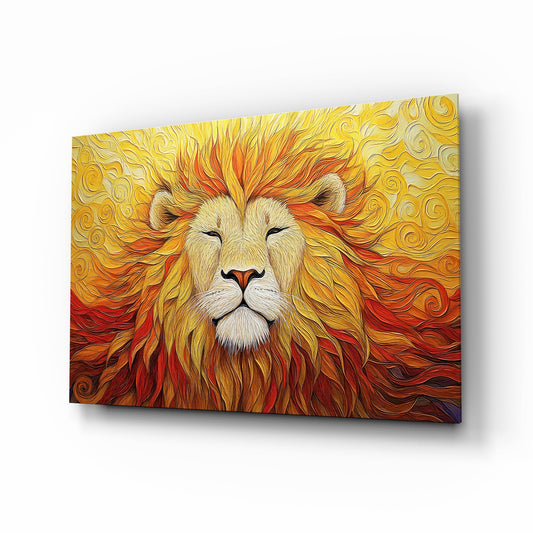 Impasto sunburst lion cinematic glass wall art over walnut console in designer office