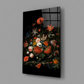 De Heem floral cinematic glass wall art in luxury restaurant entry