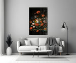 17th-century flower piece cinematic glass wall art in heritage stairwell