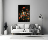 17th-century flower piece cinematic glass wall art in heritage stairwell