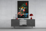 Silk-ribbon floral cinematic glass wall art in formal sitting room