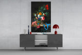 Silk-ribbon floral cinematic glass wall art in formal sitting room