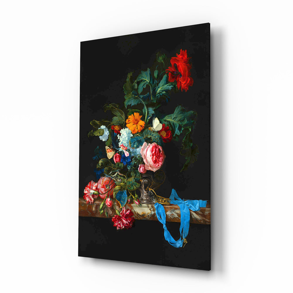 Dutch rose bouquet cinematic glass wall art over walnut console in heritage dining room