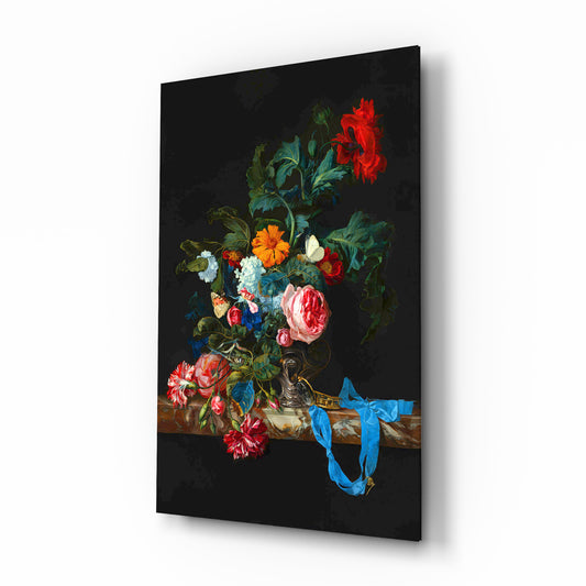 Dutch rose bouquet cinematic glass wall art over walnut console in heritage dining room
