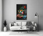 17th-century flower piece cinematic glass wall art in heritage stairwell