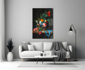 17th-century flower piece cinematic glass wall art in heritage stairwell