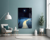 Star-flecked indigo cinematic glass wall art in poetry-room nook