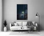 Hopper-atmosphere cinematic glass wall art in heritage stairwell