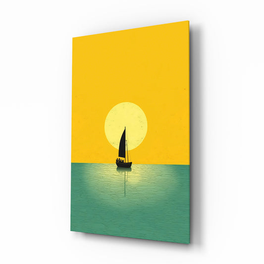 Sailboat at sunset cinematic glass wall art over walnut console in designer wellness clinic