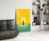 Sun-disc and sailboat cinematic glass wall art over modern dining sideboard