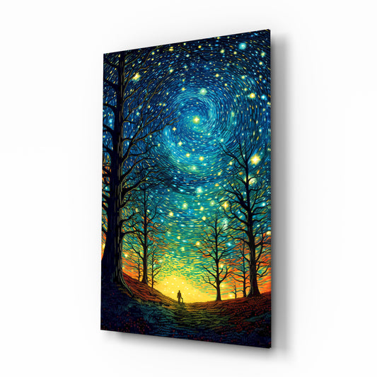 Starry night walker cinematic glass wall art over walnut console in designer bedroom